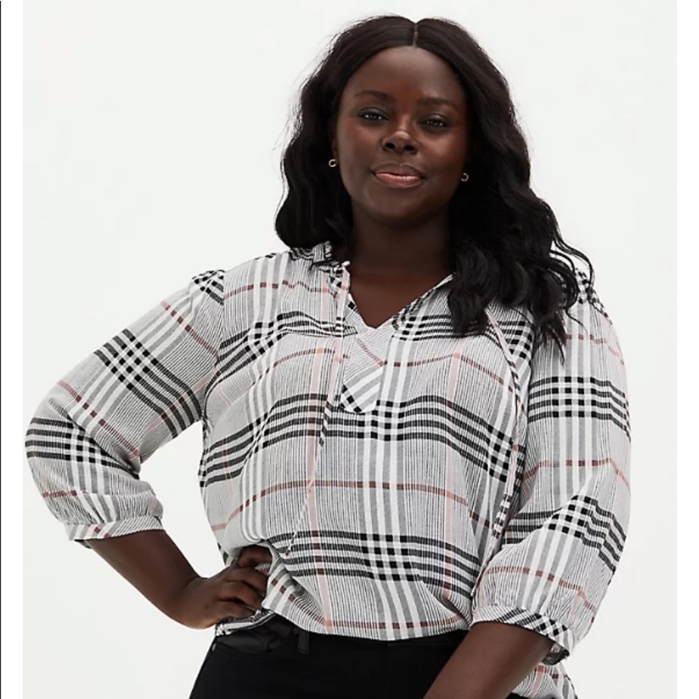 Torrid: BLACK & PEACH PLAID TWILL PEASANT BLOUSE